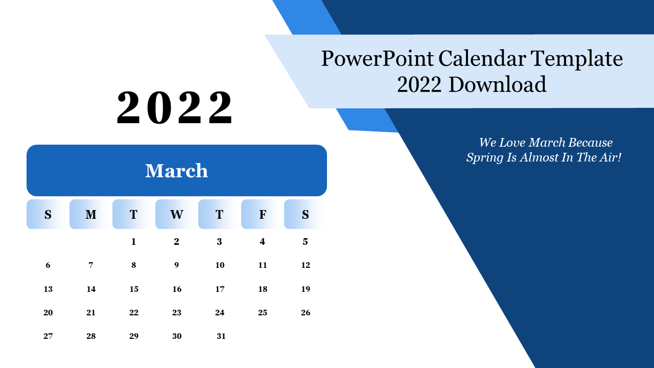 Free - March PowerPoint Calendar Template 2022 Download Slide